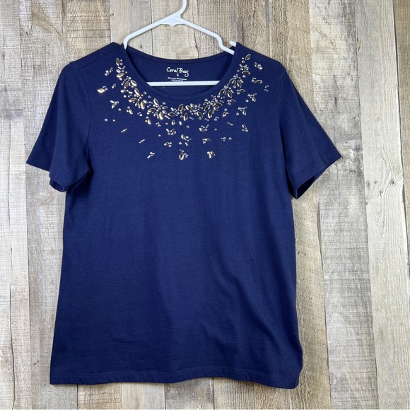 Coral Bay Medium Short Sleeve Crewneck Navy Blue Top w/Silver Embellishment - Picture 1 of 6